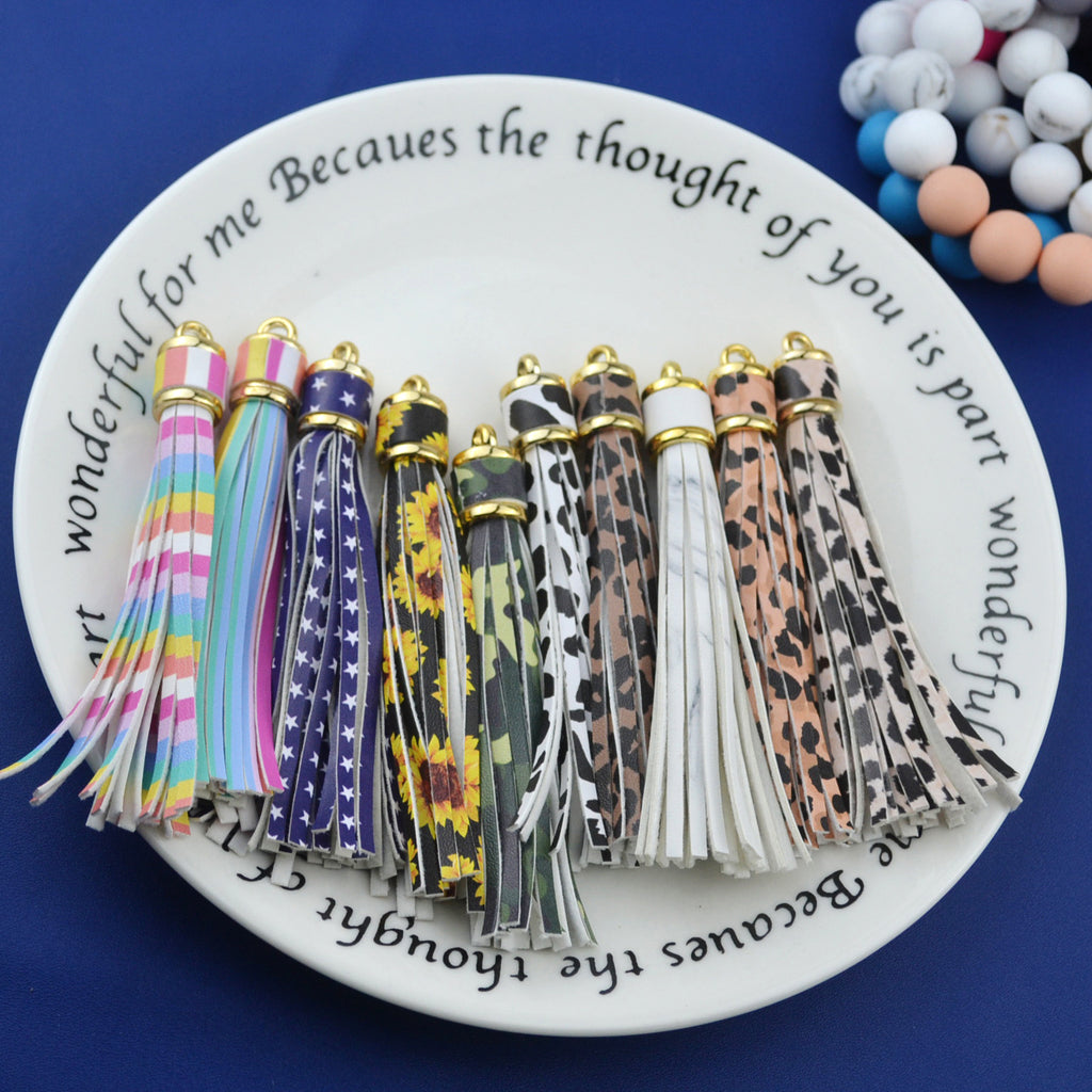 Multi Patterned PU Leather Tassel Keychain Charms 10cm 6pcs 4