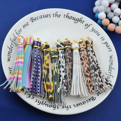Multi Patterned PU Leather Tassel Keychain Charms 10cm 6pcs 4