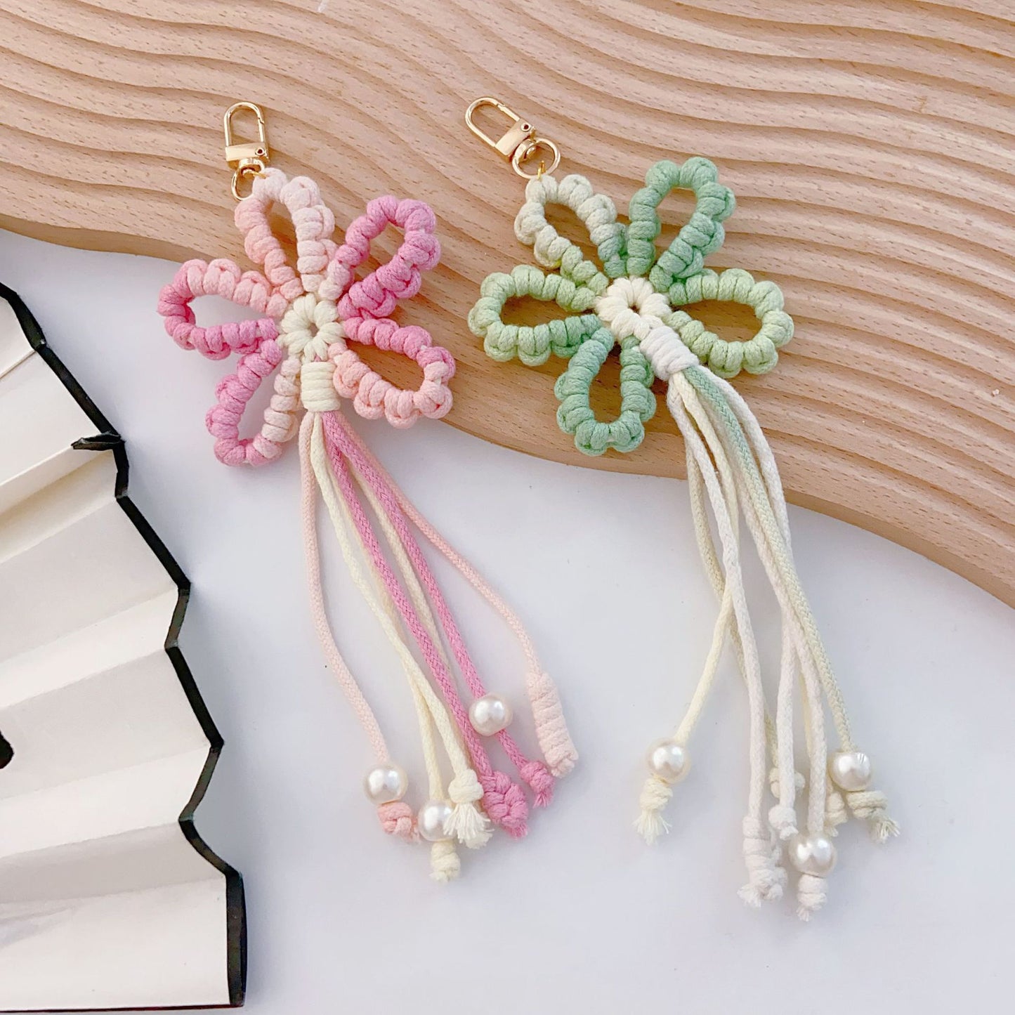 Crochet Flower Keychain Variegated Cotton Cord Pearl Tassels 24cm 4