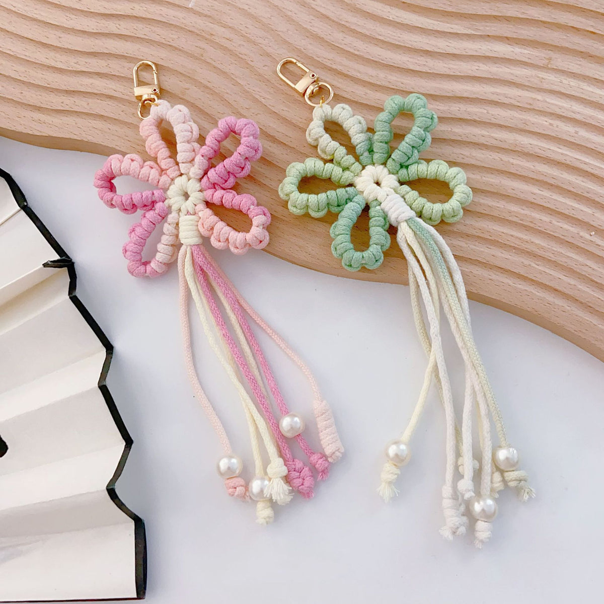 Crochet Flower Keychain Variegated Cotton Cord Pearl Tassels 24cm 4