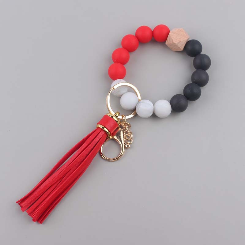 Silicone Beaded Wristlet Keychain with Leather PU Tassel in Pastel Colors 14