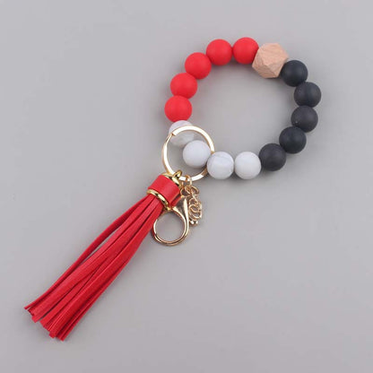 Silicone Beaded Wristlet Keychain with Leather PU Tassel in Pastel Colors 14