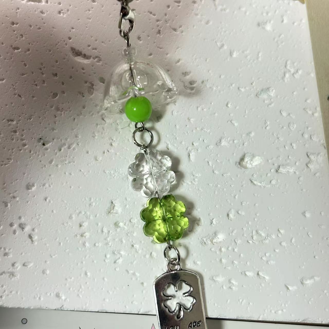 Clear Four-leaf Clover Acrylic Phone Charm with Vintage Key Silver 3pcs 6