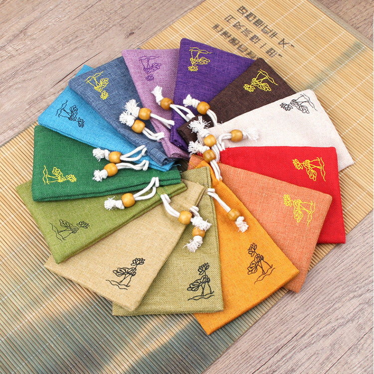 Cotton Linen Drawstring Bags Colorful Lotus Print 8x10-12x15cm 2pcs