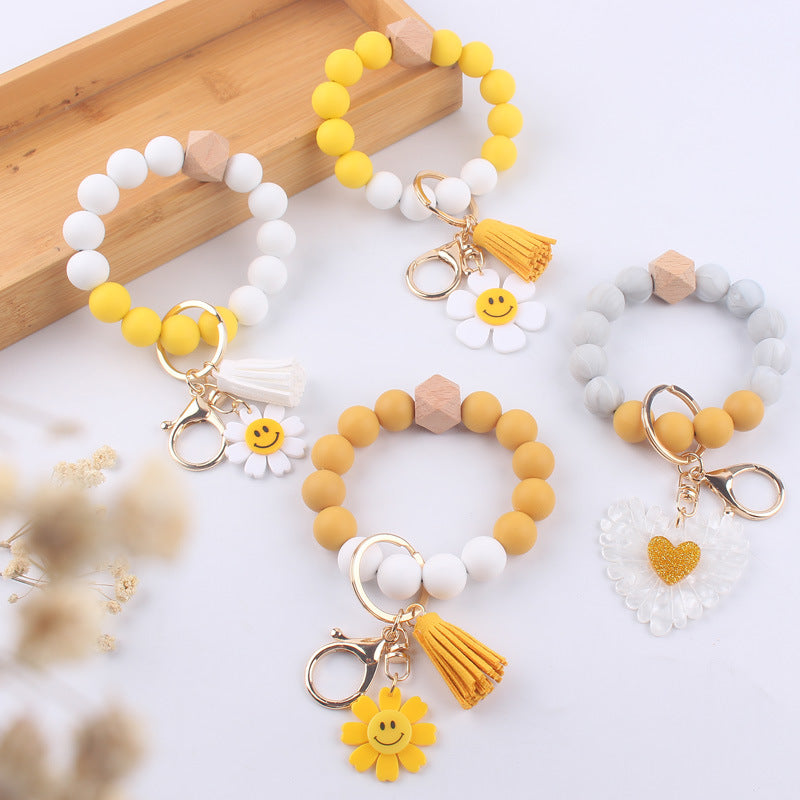 Sunflower Heart Wristlet Keychain Silicone Beaded Charm