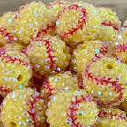 Rhinestone Bubblegum Beads 20mm Yellow Baseball Print 5pcs 2