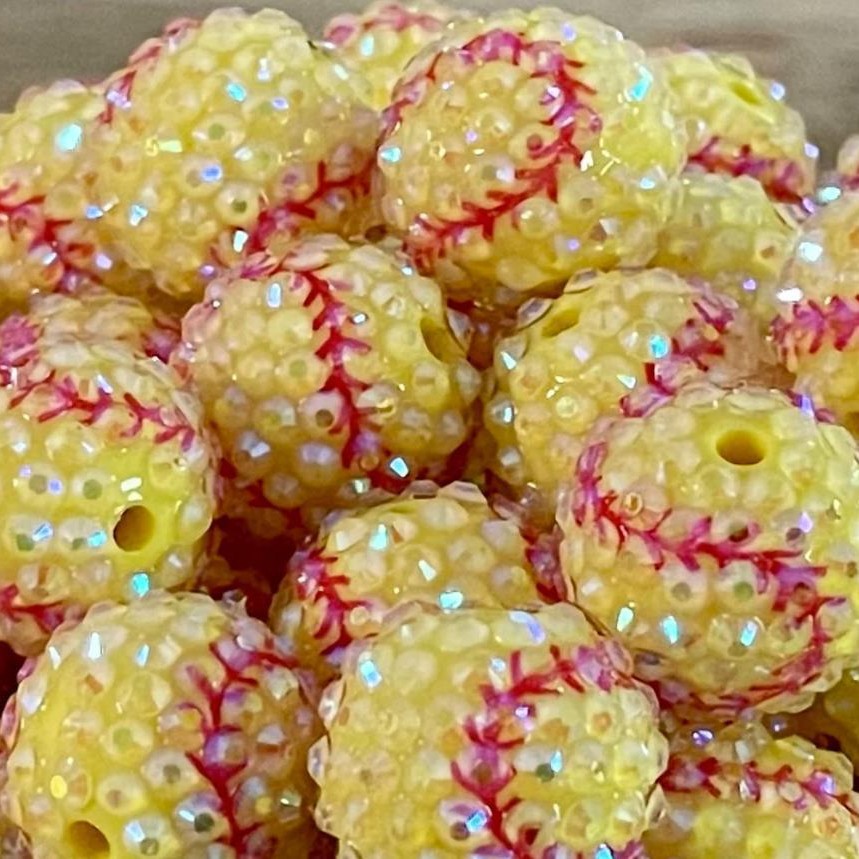 Rhinestone Bubblegum Beads 20mm Yellow Baseball Print 5pcs 2