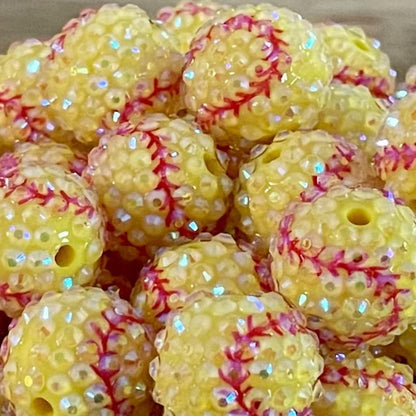 Rhinestone Bubblegum Beads 20mm Yellow Baseball Print 5pcs 2