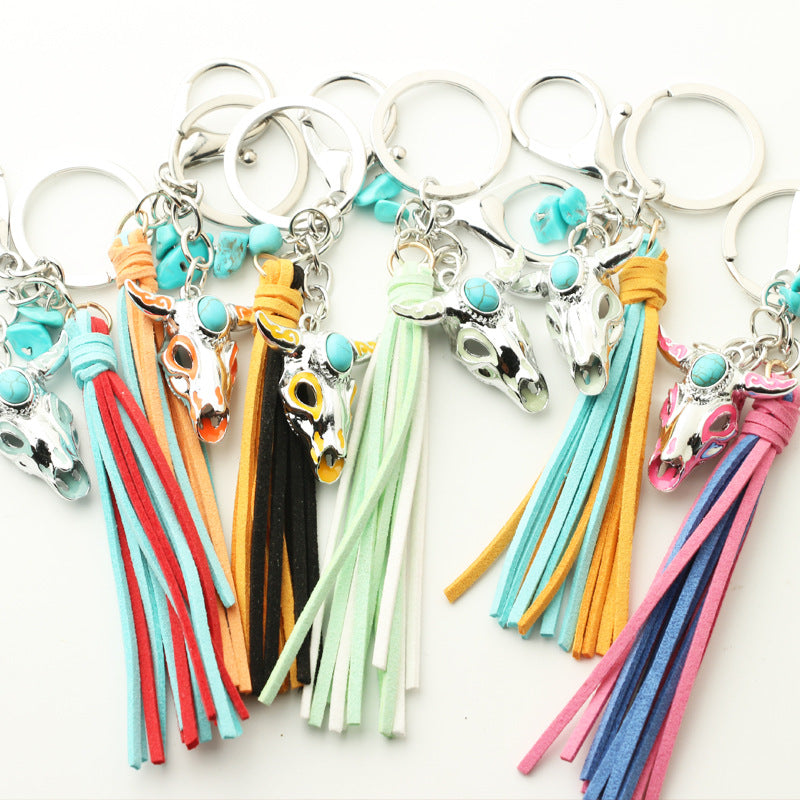 Western Glow in the Dark Ox Skull Keychain Metal Turquoise Tassel 4