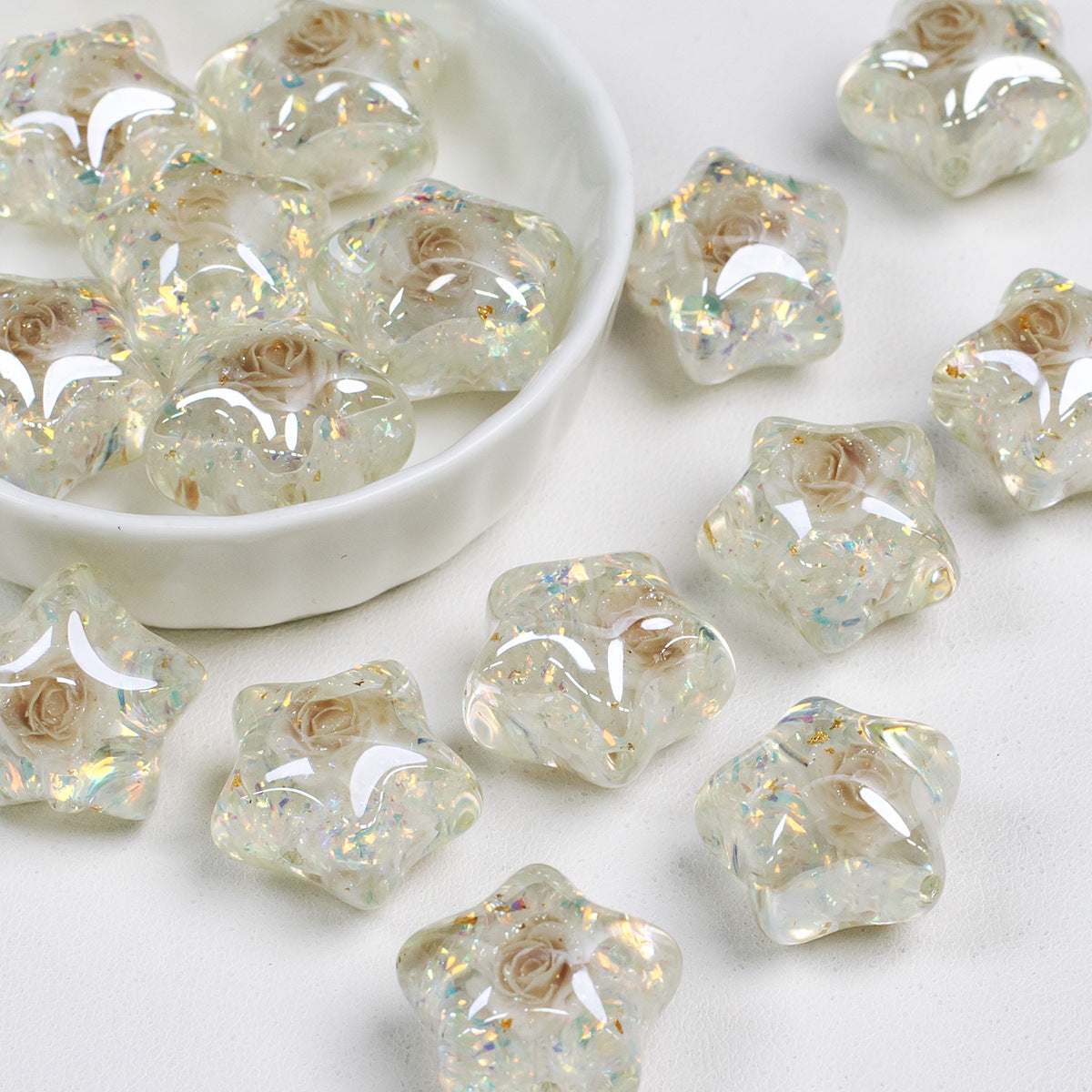 Glitter Rose Star Resin Beads 22mm Sparkle Mixed Colors 10pcs 6
