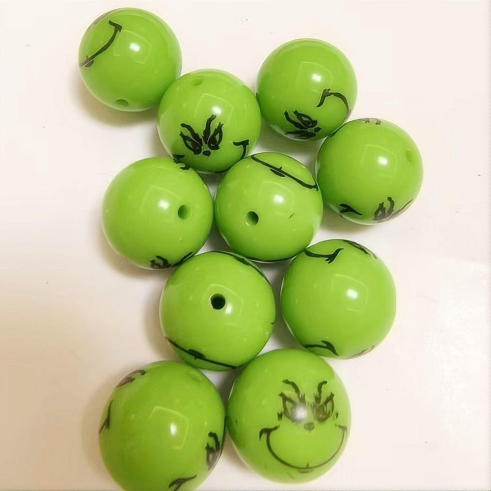 Christmas Bubblegum Beads 20mm Green Grinch Face Acrylic 10pcs 3