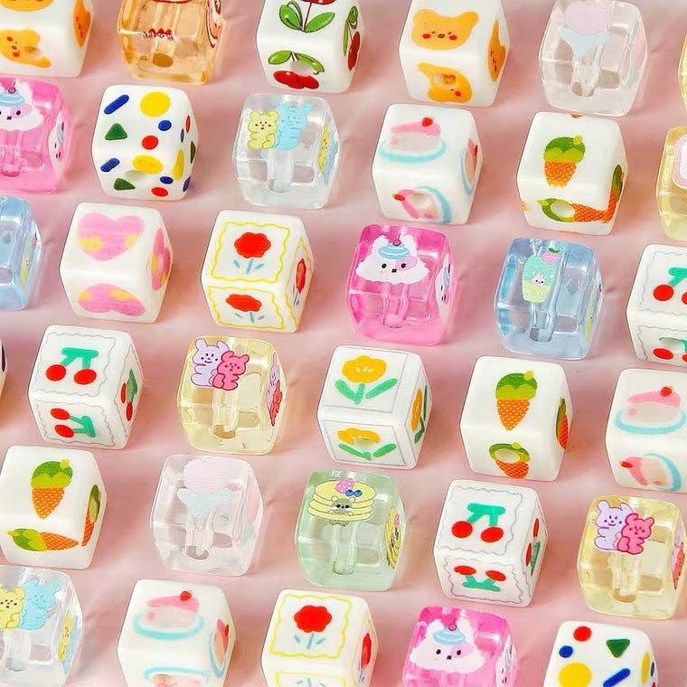 Cream Cartoon Printed Square Acrylic Beads 14mm 20pcs
