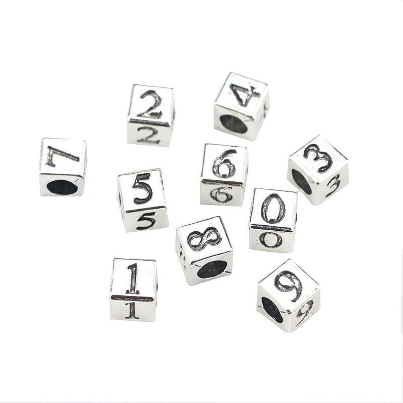 Square Metal Beads 7mm Number Engraved Polished Silver Tone 40pcs 5