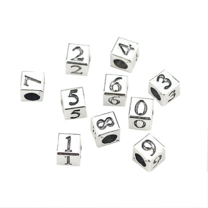 Square Metal Beads 7mm Number Engraved Polished Silver Tone 40pcs 5