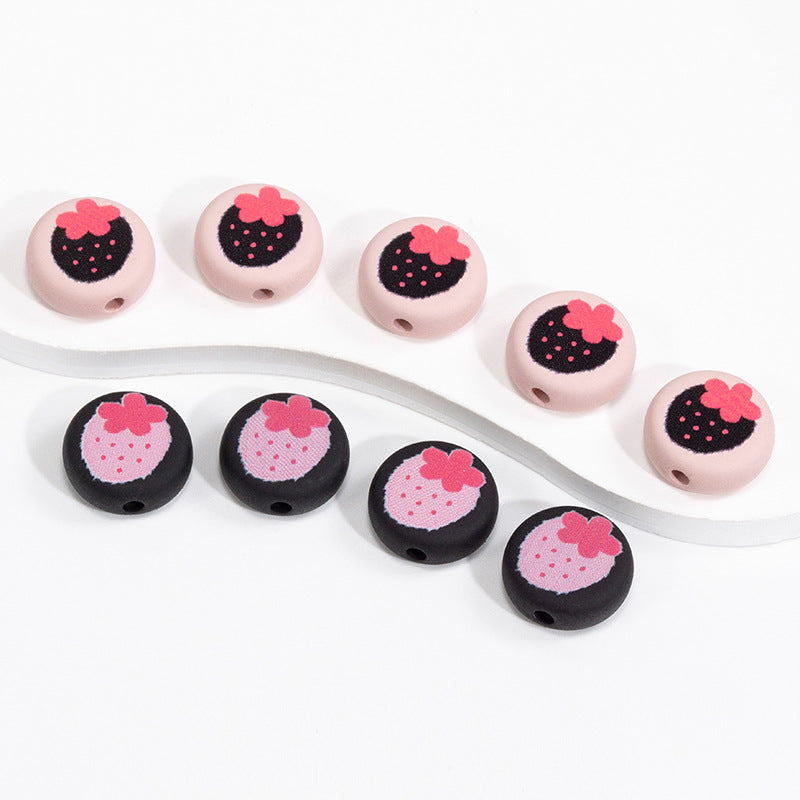 Flat Acrylic Beads 17mm Black Pink Strawberry Printed 20pcs 2
