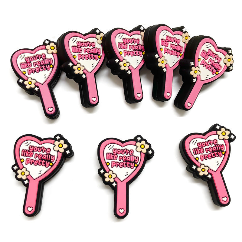 Silicone Focal Beads Double Sided Heart Mirror with Floral Accents 20pcs 4