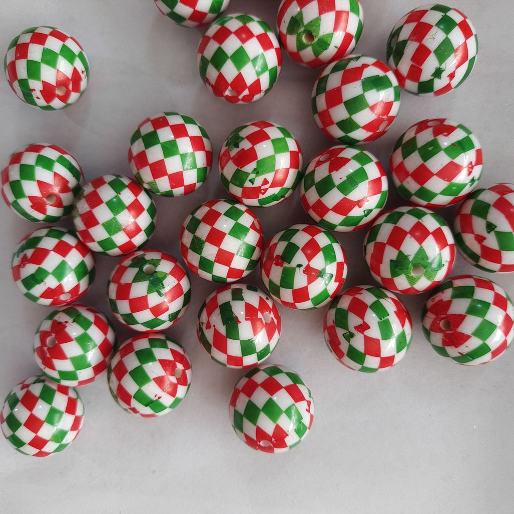 Christmas Bubblegum Beads 20mm Two Tone Rhombus Grid Red Green 10pcs 2
