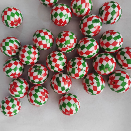 Christmas Bubblegum Beads 20mm Two Tone Rhombus Grid Red Green 10pcs 2