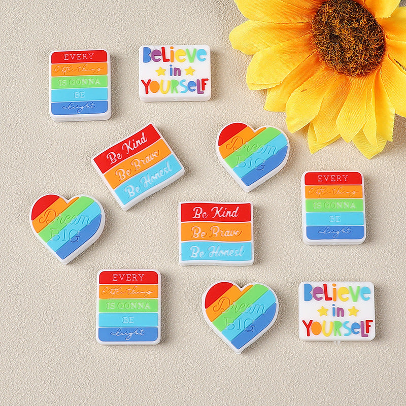 Silicone Focal Beads Inspirational Alphabet Heart Rainbow Motivational Text