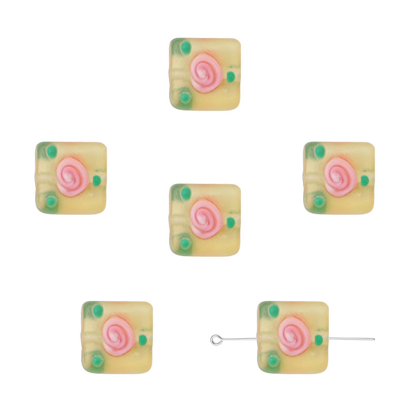 Frosted Square Glass Beads 12mm Hand-Painted Rose Design 4pcs 11
