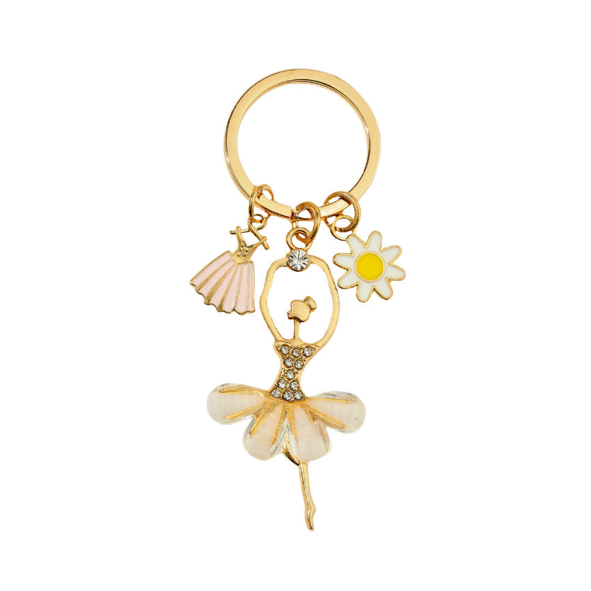 Alloy Dance Girl Keychain Ballet Ballerina Rhinestone Pink Dress