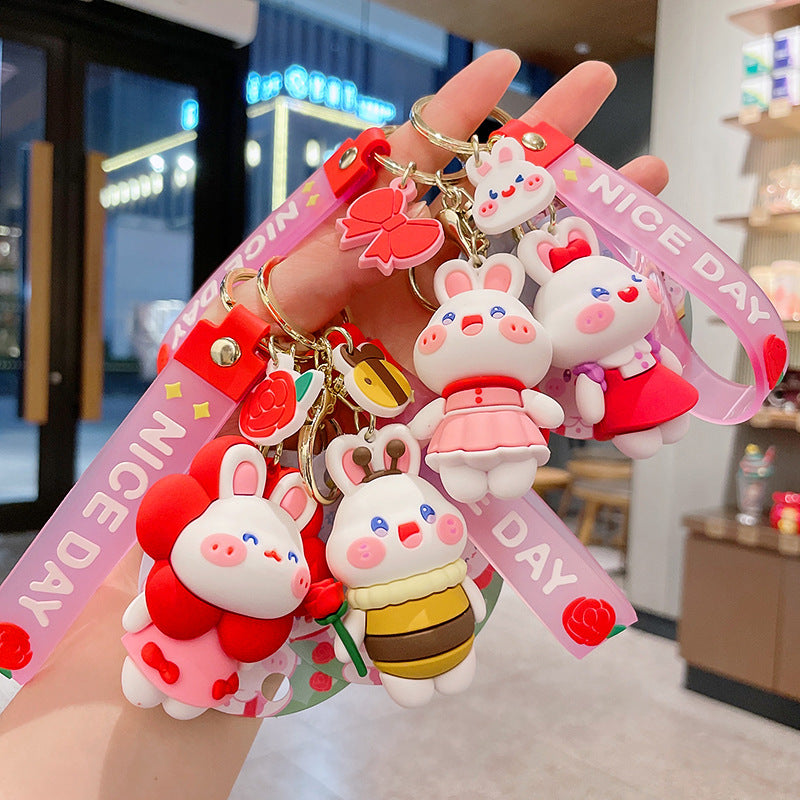 PVC Flower Bunny Keychain Cute Rabbit Charm with Nice Day Strap 3