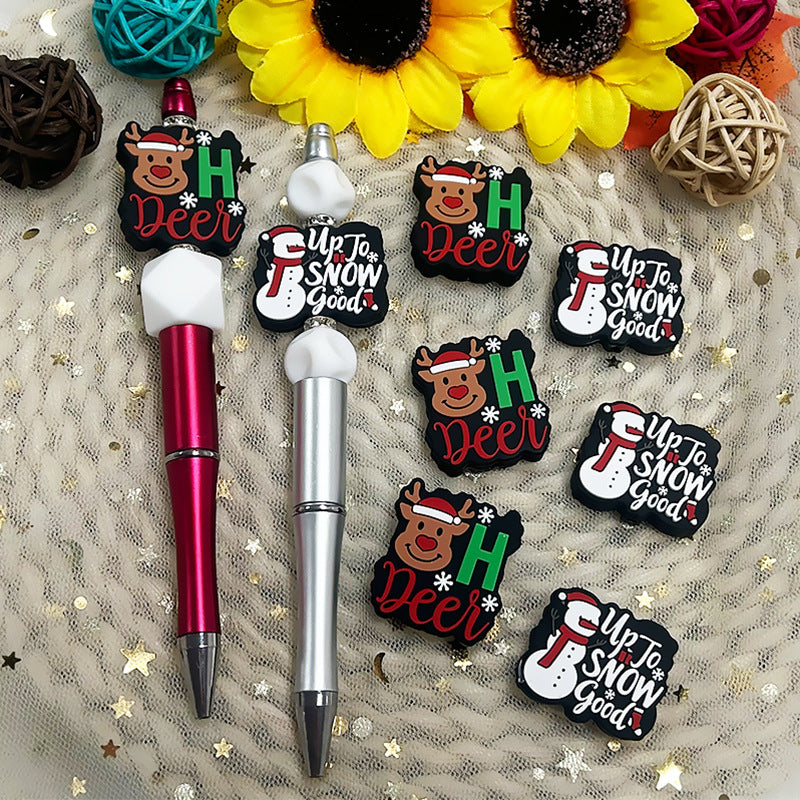 Silicone Focal Beads Christmas Snowman Elk Santa Text Print 3