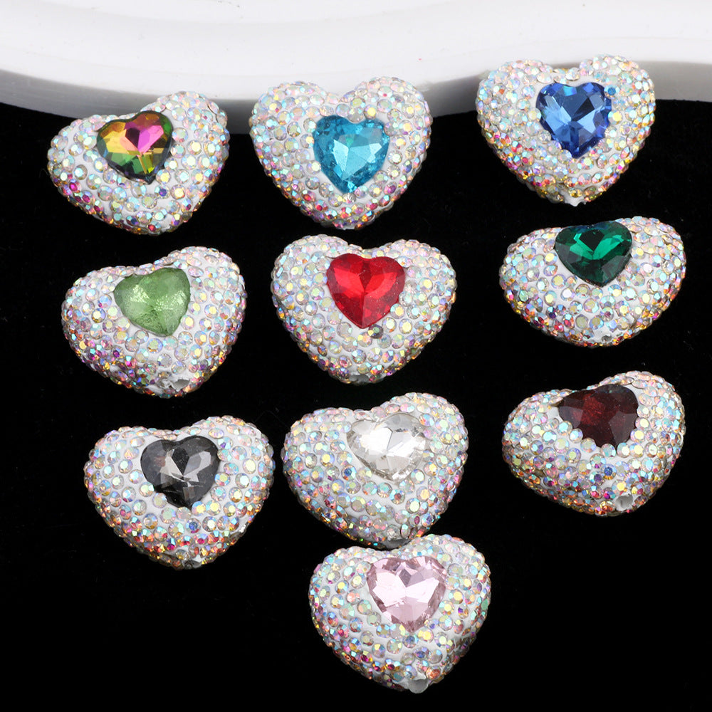 Rhinestone Heart Clay Beads 24mm White Sparkling Center 6pcs 3