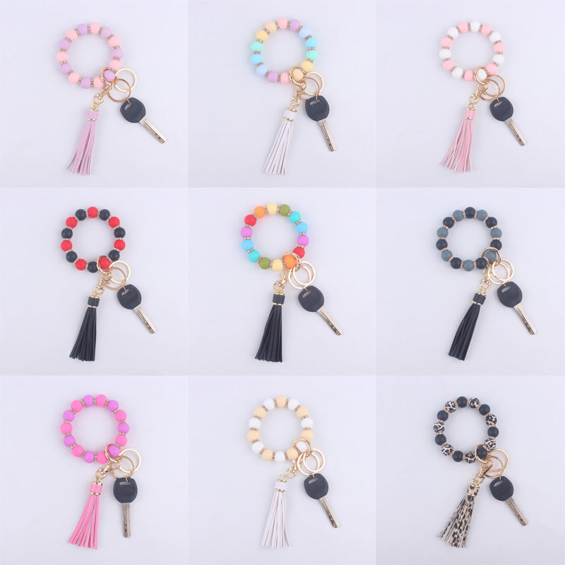 Tassel Silicone Bead Wristlet Keychain with Shiny Spacer Beads