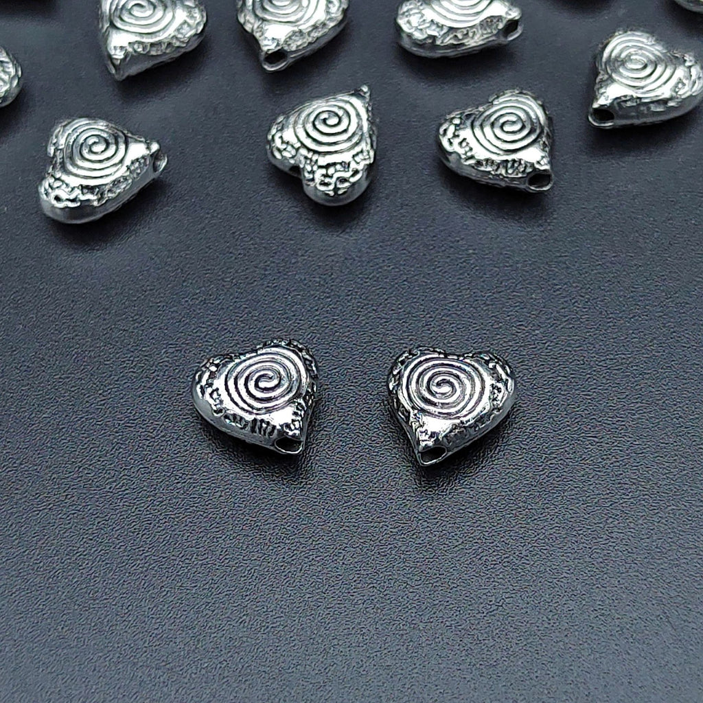 Heart Metal Beads 9mm Vintage Spiral Pattern Antique Silver Tone 200pcs