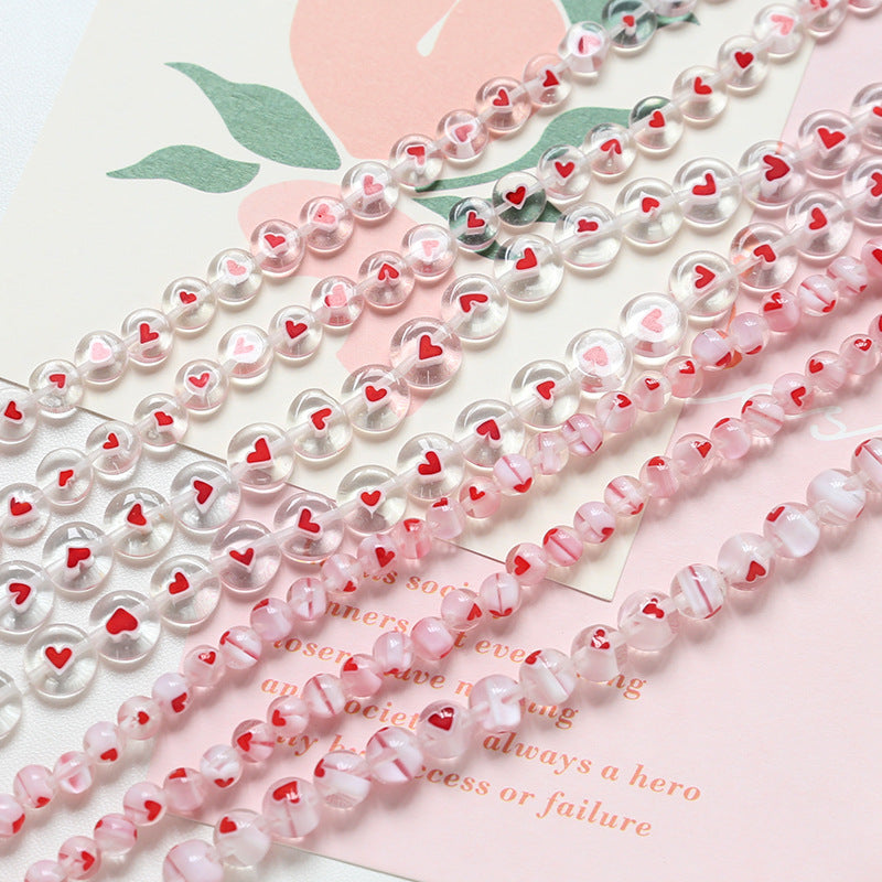 Lampwork Glass Beads Round 6-10mm Tiny Red Heart Pattern 2pcs 4