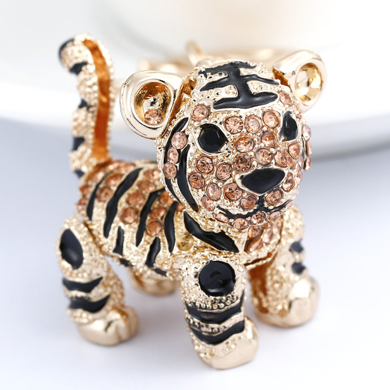 Alloy Diamond Inlaid Tiger Keychain Metal Colorful and Champagne Options 7