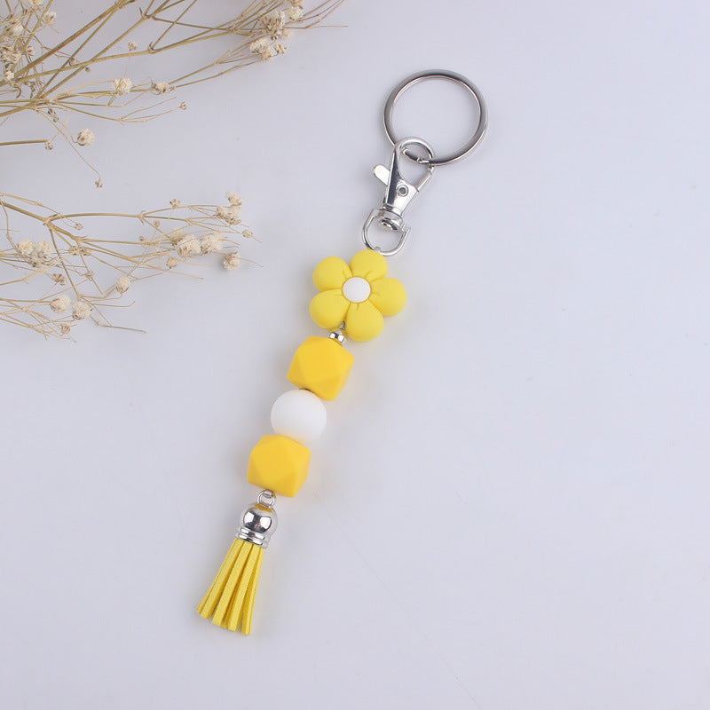 Flower Silicone Bead Keychain Colorful Floral Tassel Charm 13
