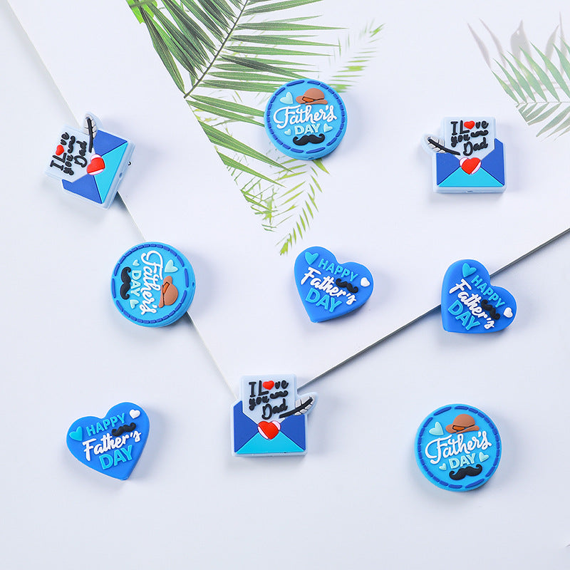Silicone Focal Beads Fathers Day Blue Hearts and Letter Design 20pcs 2