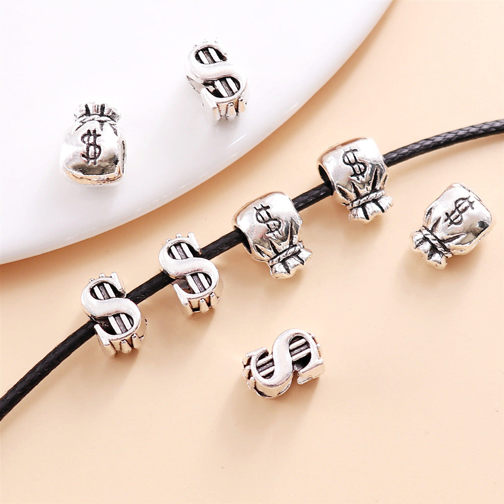 Money Bag and Dollar Sign Metal Beads 12mm Silver Tone Large Hole 30pcs