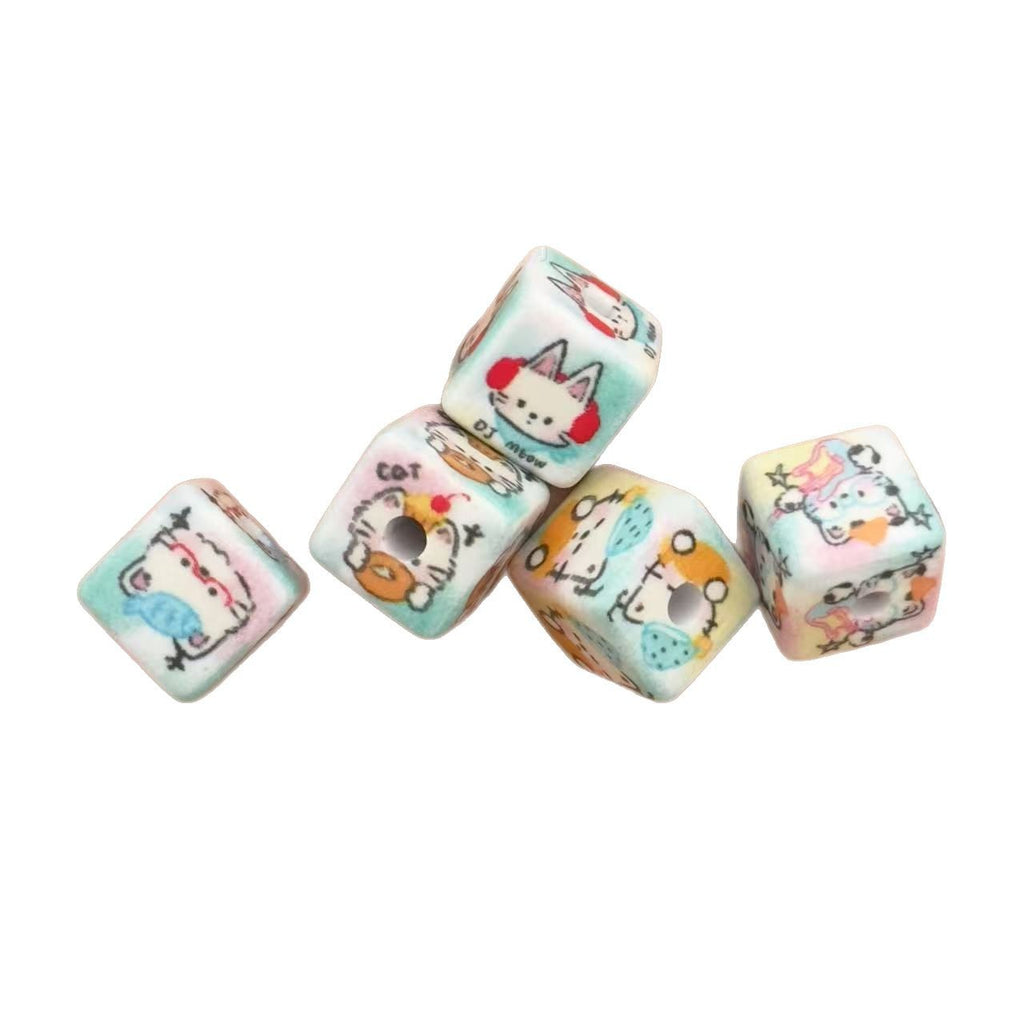 Kitten Holding Fish Acrylic Square Beads 14mm Pastel 10pcs 2