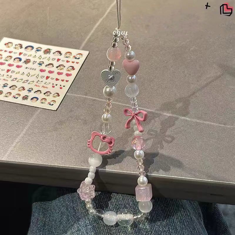 Pink Acrylic Beaded Hello KT Phone Charm Soft Pastel Style 2pcs 2