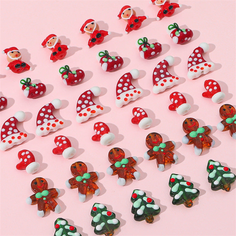 Lampwork Glass Beads Hand Painted Christmas Theme Enamel 2pcs