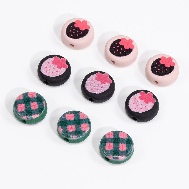 Flat Acrylic Beads 17mm Black Pink Strawberry Printed 20pcs 4