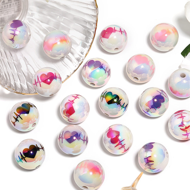 Plated Round Acrylic Beads 16mm UV Plating Valentine Heart Design 50pcs 6