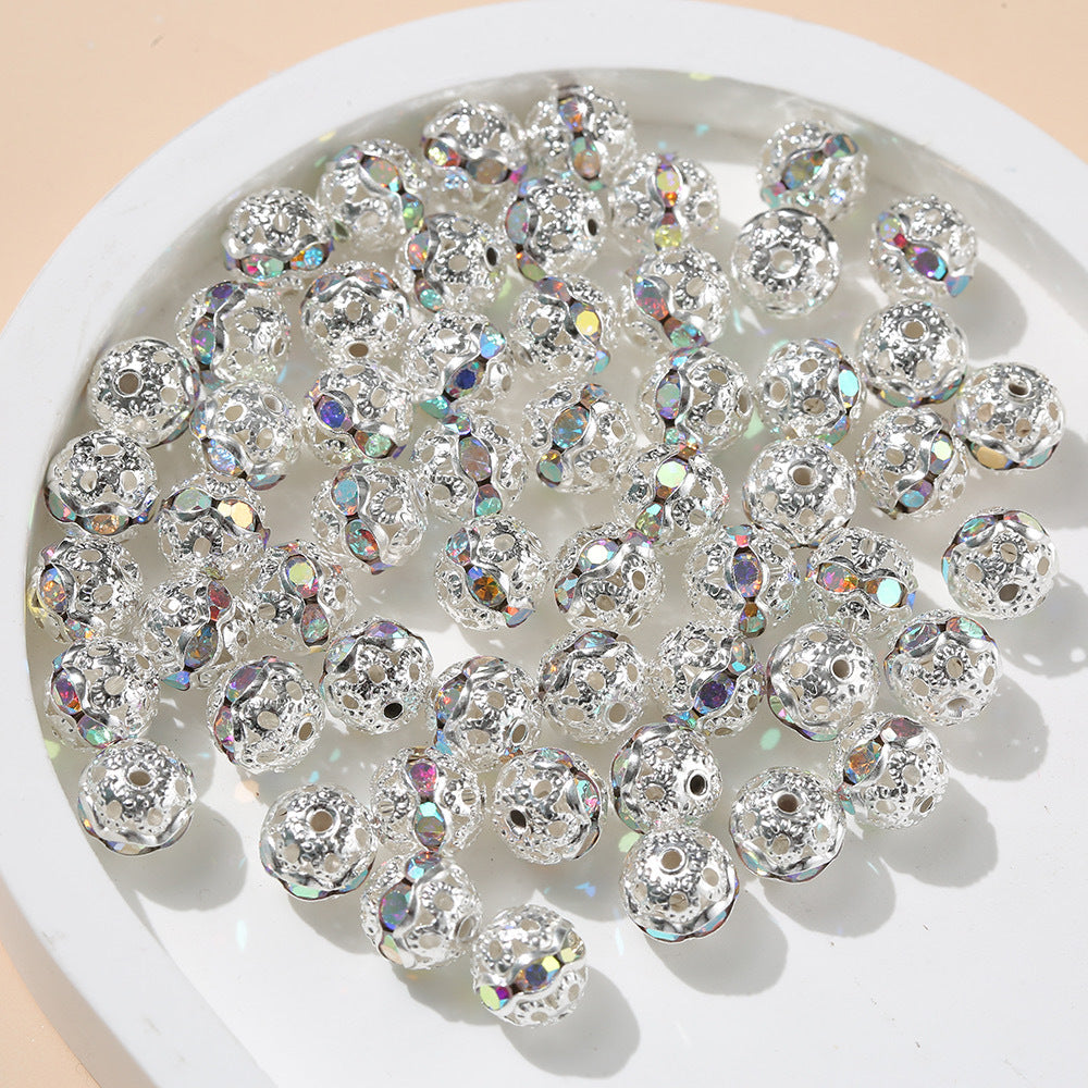 Floral Round Alloy Rhinestone Beads 6mm 8mm Silver Filigree 10pcs 5