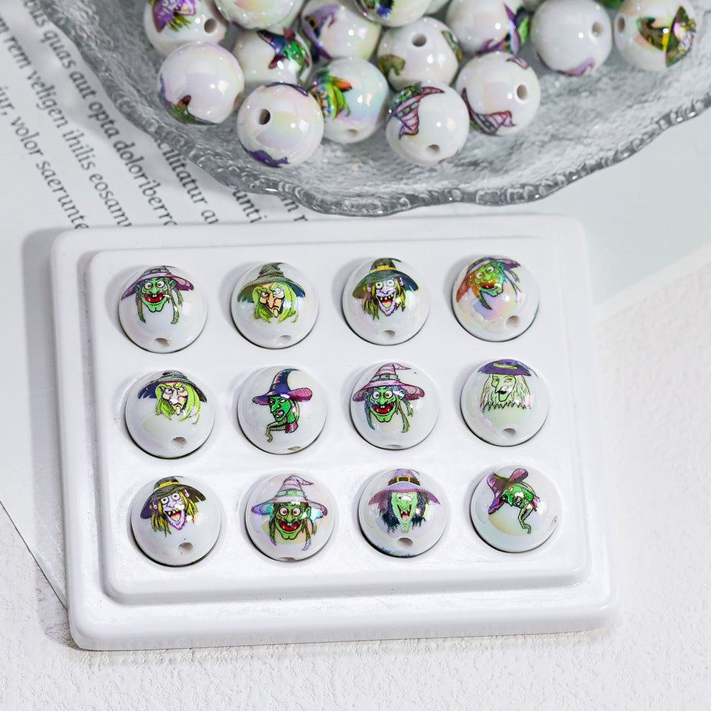 Plating Halloween Witch Acrylic Round Beads 16mm Mixed 50pcs