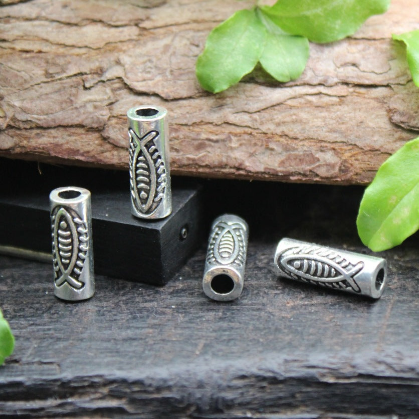 Tube Metal Beads 13x4mm Tibetan Fish Patterned Silver Tone 100pcs