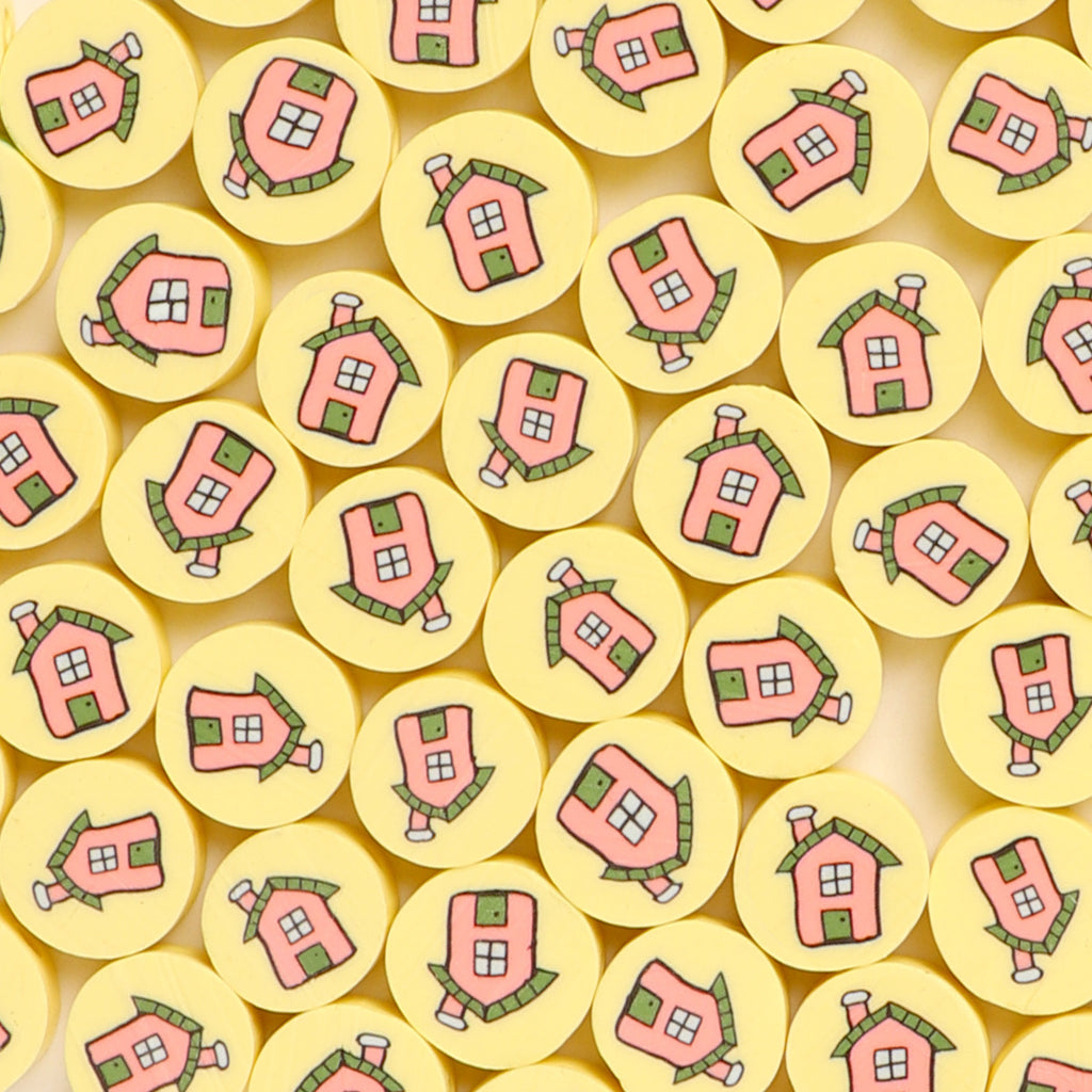 Flat Round Clay Beads 9mm Yellow with Pink House Pattern 100pcs 6