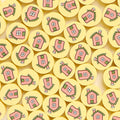 Flat Round Clay Beads 9mm Yellow with Pink House Pattern 100pcs 6