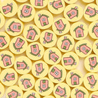 Flat Round Clay Beads 9mm Yellow with Pink House Pattern 100pcs 6