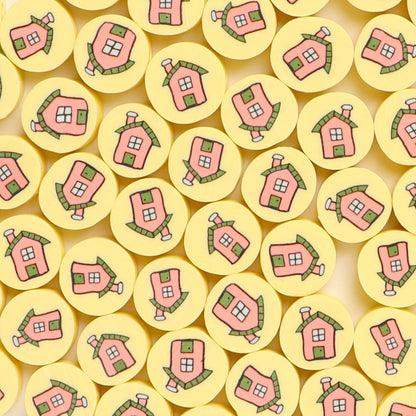 Flat Round Clay Beads 9mm Yellow with Pink House Pattern 100pcs 6