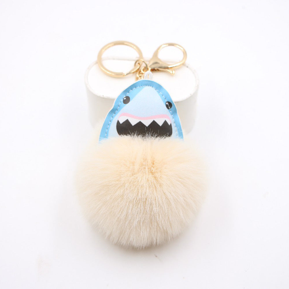 Plush Shark Keychain Blue Leather Face Fluffy Pom Pom Belly 13