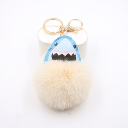 Plush Shark Keychain Blue Leather Face Fluffy Pom Pom Belly 13