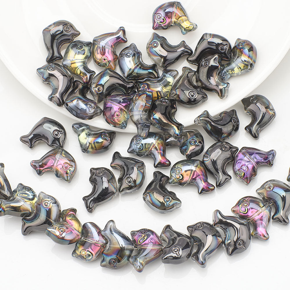 Plating 3D Dolphin Glass Beads 11x16mm Iridescent Colors 30pcs 6